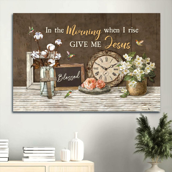 Antique Clock Cotton Flower Jasmine In The Morning When I Rise Canvas Wall Art Christian Wall Decor