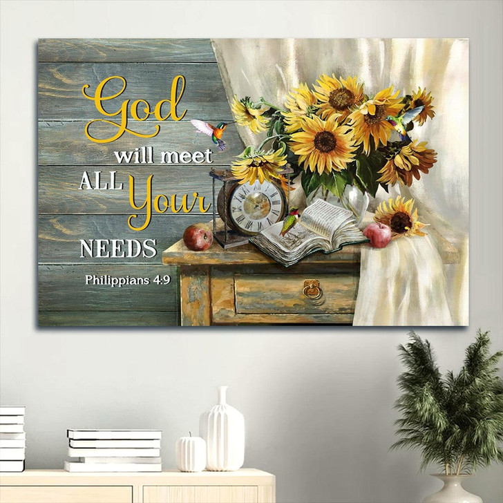 Antique Clock Sunflower Vase Old Bible God Will Meet All Your Needs Canvas Wall Art Christian Wall Decor