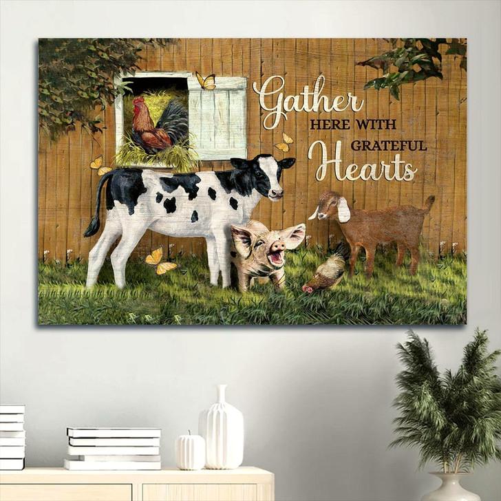 Animal Painting Dairy Cow Butterfly Gather Here With Grateful Hearts Canvas Wall Art Christian Wall Decor