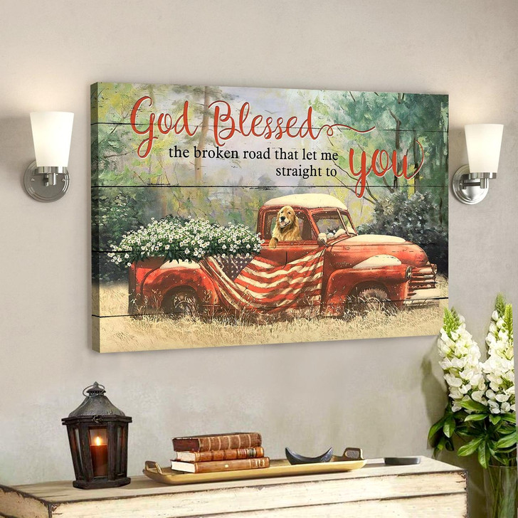 Vintage Car Carrying Daisies And Dog God Blessed The Broken Road Bible Verse Canvas Scripture Canvas Wall Art