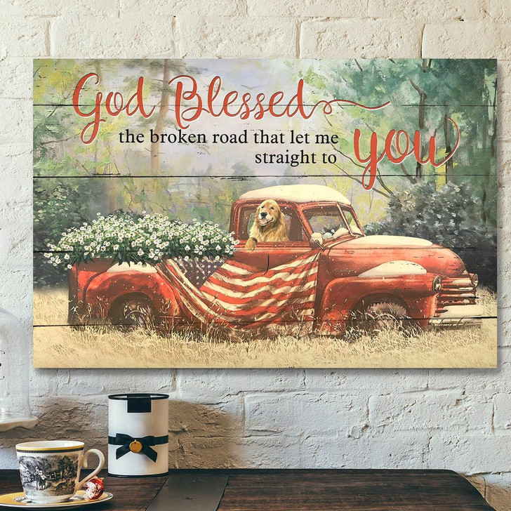 Vintage Car Carrying Daisies And Dog God Blessed The Broken Road Bible Verse Canvas Scripture Canvas Wall Art