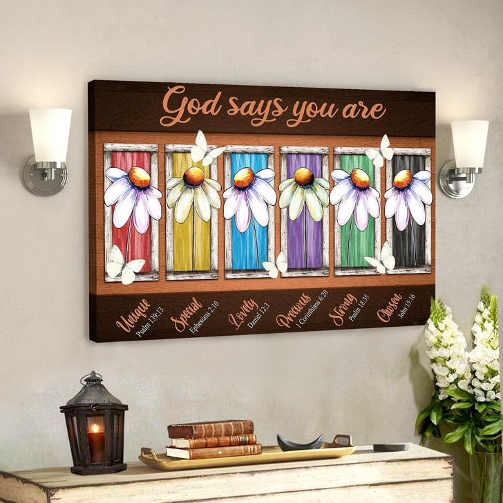 Colorful Daisy And White Butterfly God Says You Are Bible Verse Canvas Scripture Canvas Wall Art