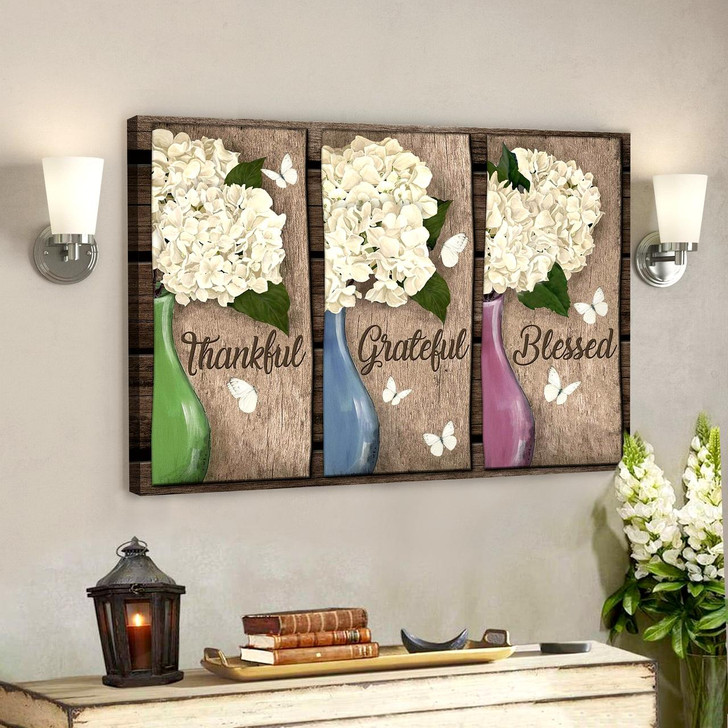 Hydrangea Thankful Grateful Blessed Canvas Wall Art Bible Verse Canvas Christian Inspirational Canvas Decoration
