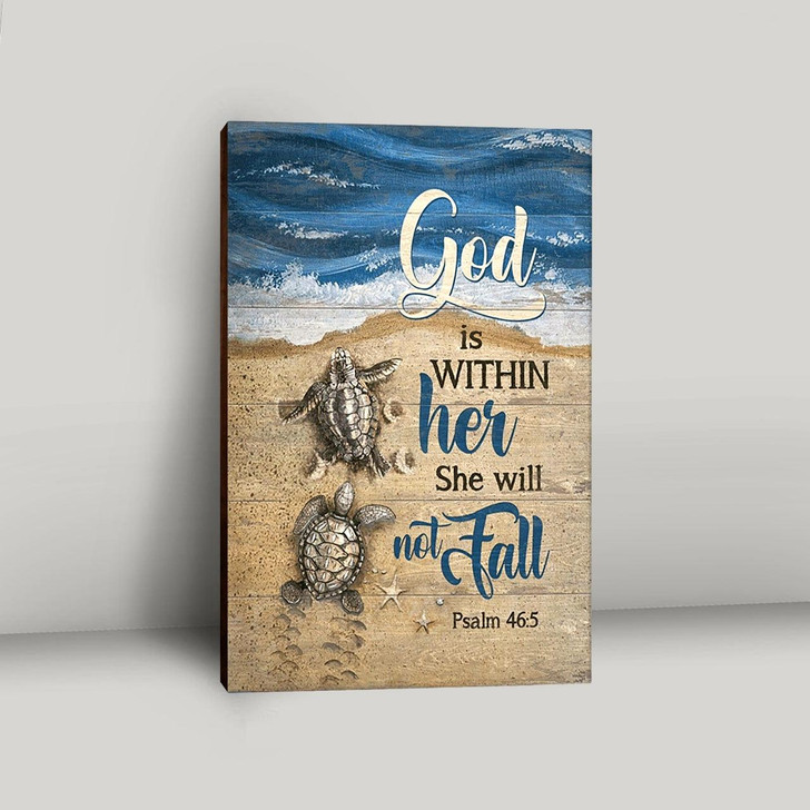 God Is Within Her Sand Beach And Sea Turtle Canvas Wall Art Bible Verse Inspirational Christian Prints For Relaxing