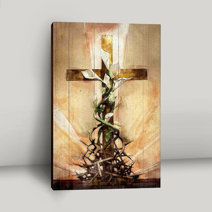 Cross And Lily Flower Canvas Art With Elegant Religious Message Ideal For Christian Home And Church Display