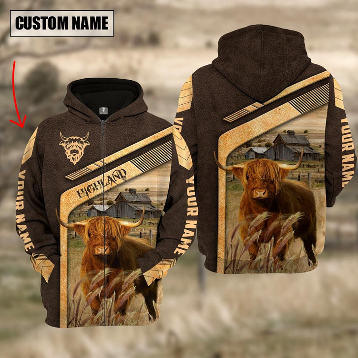 Goofygear Personalized Highland Cattle On The Meadow Name 3D Hoodie and Zipper Hoodie