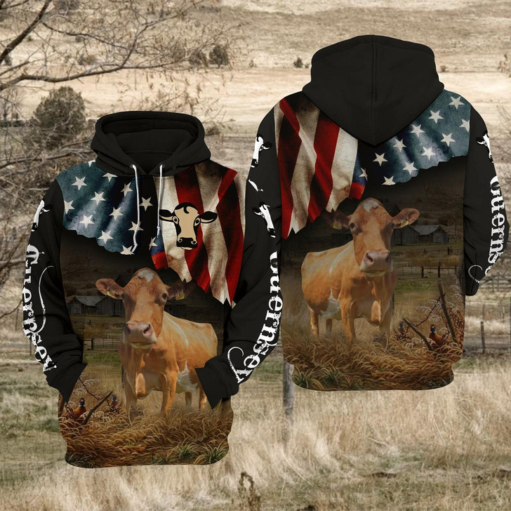 Goofygear Personalized Guernsey Cattle US Flag All Over Printed 3D Pullover Sweatshirt
