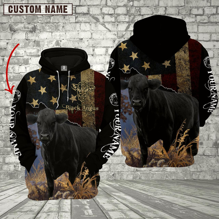 Goofygear Personalized Name Angus Bull Cattle US Flag All Over Printed 3D Pullover Sweatshirt
