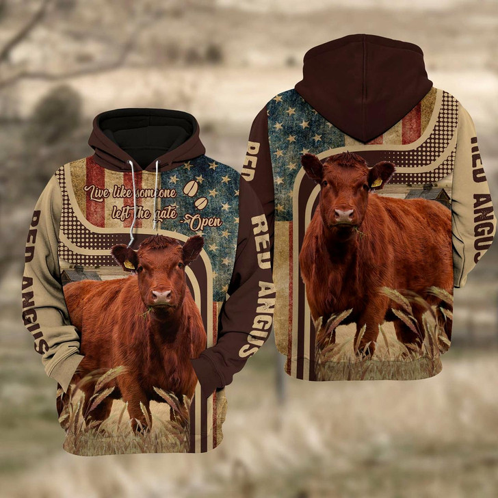 Goofygear Personalized Red Angus Cattle US Flag All Over Printed 3D Cattle Pullover Sweatshirt