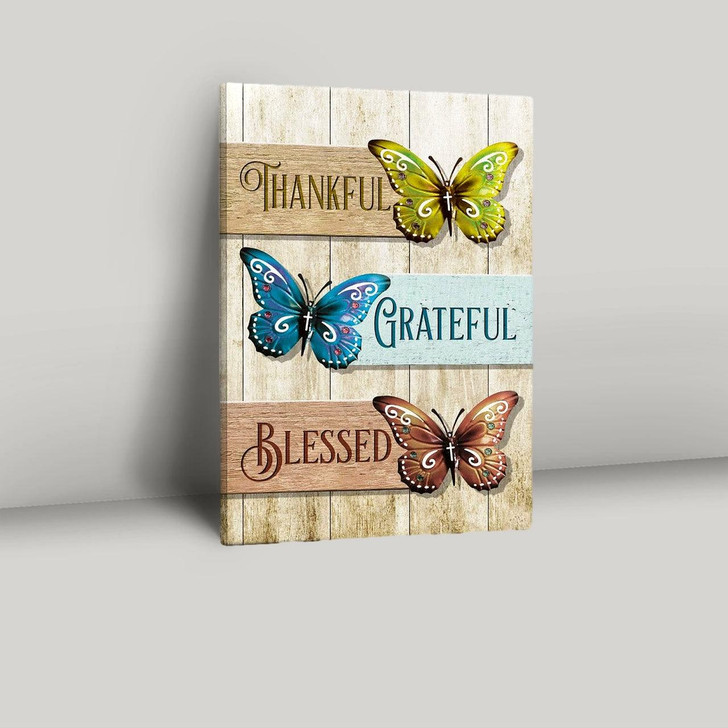 Thankful Grateful Blessed Butterfly Canvas Wall Art – Inspirational Christian Scripture Print With Bible Verse For Home