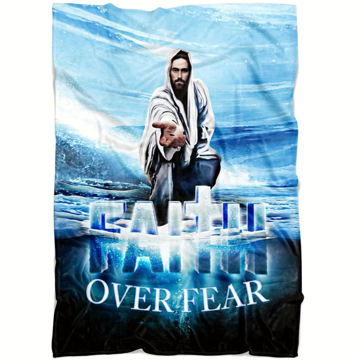 Faith Over Fear Jesus Hands Reaching Out Christian Fleece Blanket with Bible Verse Inspirational Throw
