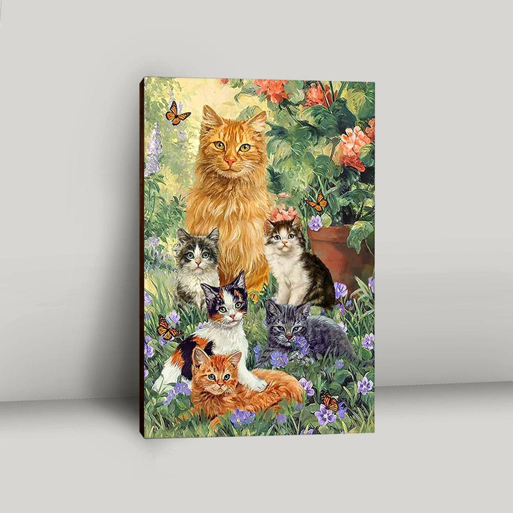 Peaceful Cat Painting With Purple Flower Garden – Christian Canvas Wall Art Featuring Bible Verse And Inspirational