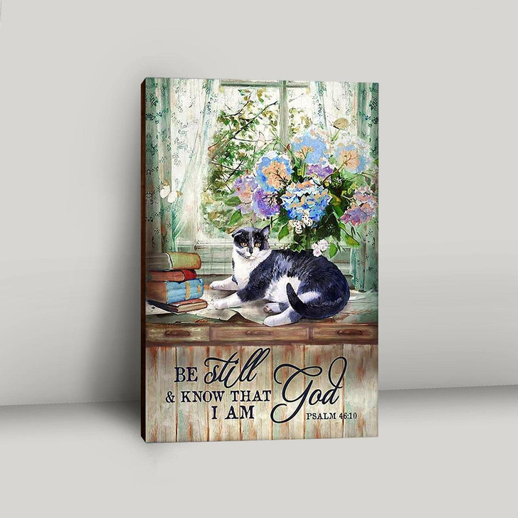 Cat Hydrangea Vase And Book Be Still And Know That I Am God Canvas Wall Art Christian Bible Verse For Home Decor