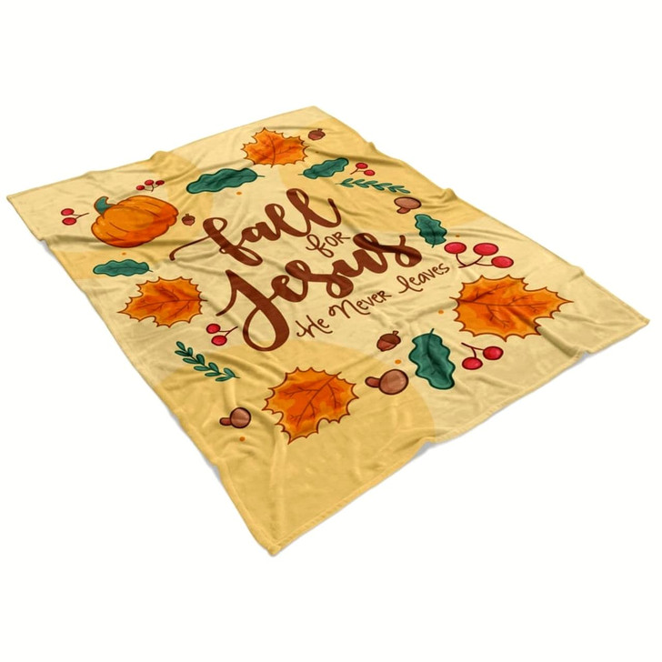 Fall For Jesus He Never Leaves Christian Fleece Blanket with Bible Verse Inspirational Religious Faith Blanket