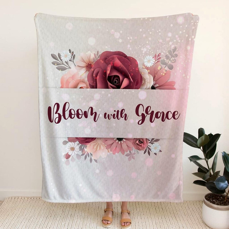 Bloom With Grace Christian Fleece Blanket with Bible Verse Inspirational Religious Faith Blanket