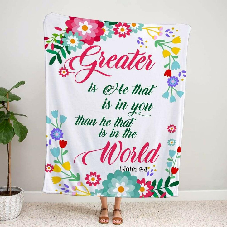 1 John 4 4 Greater Is He That Is In You Christian Fleece Blanket with Bible Verse Inspirational Religious Blanket