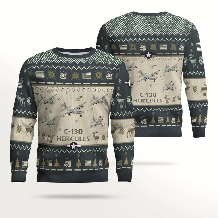Goofygearprints Lockheed C-130 Hercules Aircraft Multicolor Ugly Christmas Sweater, Idea Gift for Men Dad Christmas