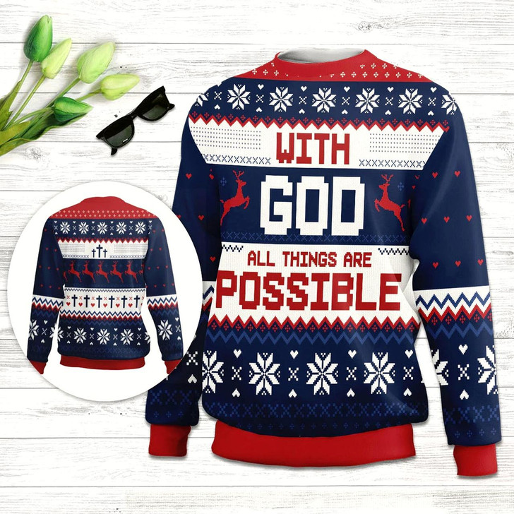 Goofygearprints With God All Things Are Possible Matthew 1926 Ugly Christmas Sweater - Christian Unisex Sweater - Religious Christmas Gift