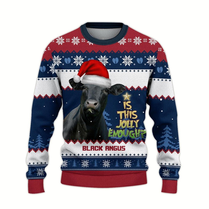 Goofygearprints Black Angus Is This Jolly Enough Ugly Christmas Sweater, Sweater Gifts For Pet Loves, Farmers Sweater
