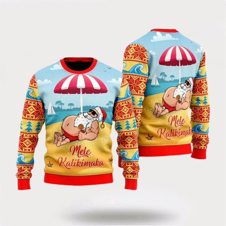 Goofygearprints Santa Claus Mele Kalikimaka Beach Ugly Christmas Sweater, Christmas Winter Fashion