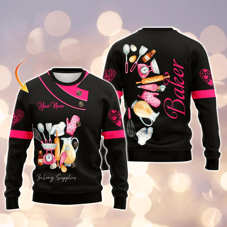 Goofygearprints Baking Supplies, Baker, Bakery Chef, Personalized Name 3D Ugly Christmas Sweater