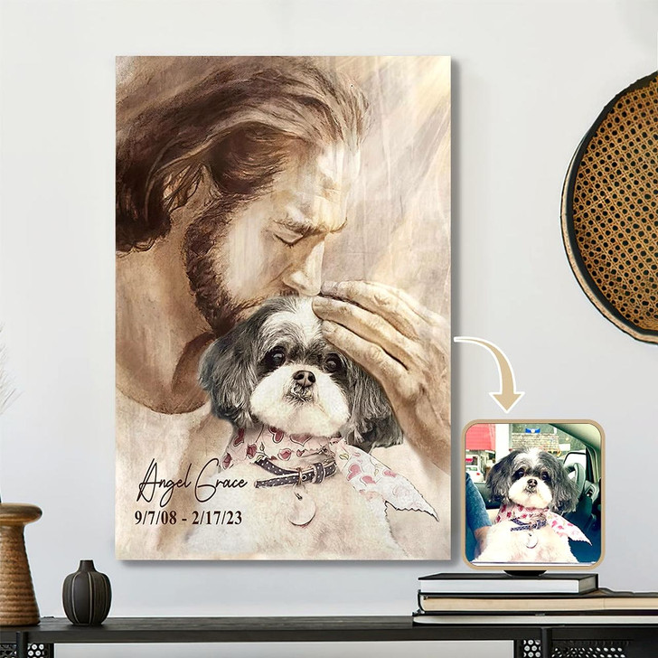 Custom Memorial Pet Canvas Jesus Hugging A Dog Christian Faith Wall Art For Pet Loss Gift