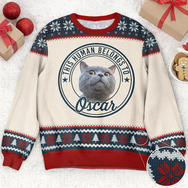 Goofygearprints This Human Belongs To - Personalized Ugly Sweater - Christmas Gift For Dog Mom, Cat Mom, Pet Lovers