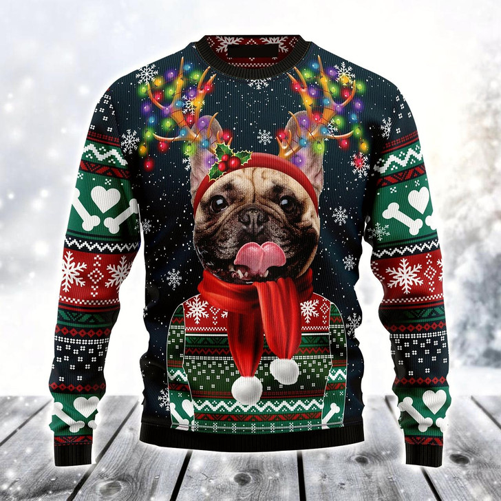 Goofygearprints French Bulldog Light Ugly Christmas Sweater, Best Gift For Christmas, Friends, French Bulldog Lovers