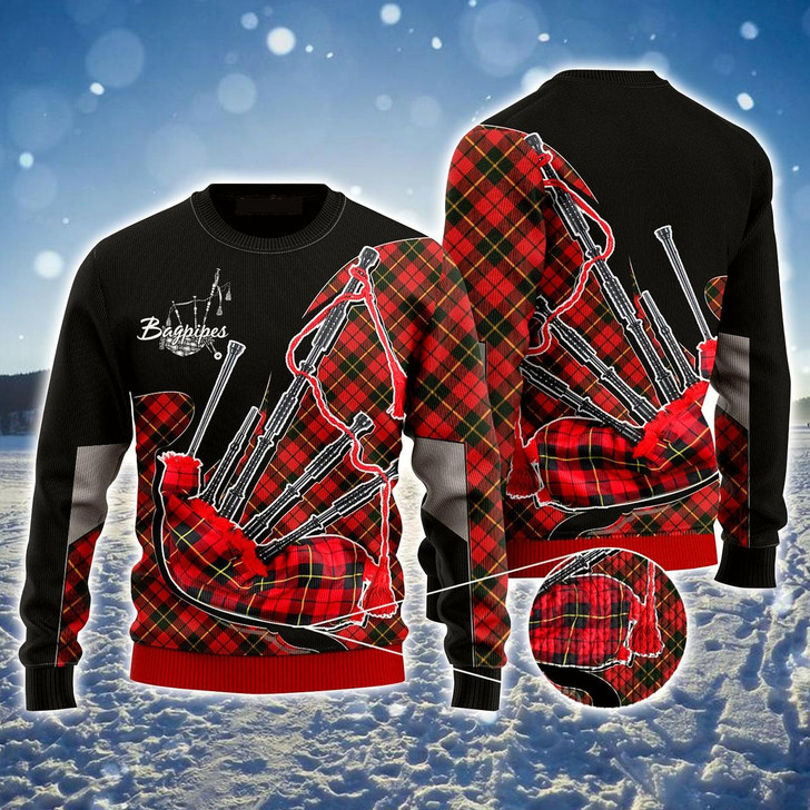 Goofygearprints Bagpipes Music Ugly Sweater, Christmas Ugly Sweater, Red & Black Plaid Pattern Ugly Sweater, Perfect Gift For Music Lovers