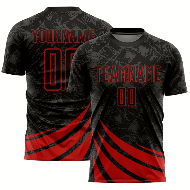 Goofygearprints Black Red Wind Shapes Sublimation Soccer Uniform Jersey, Custom Team Soccer Jersey Shirt