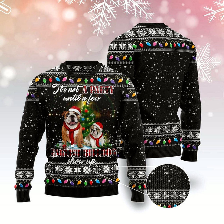 Goofygearprints Dog Xmas Sweater, English Bulldog Show Up Ugly Christmas Sweater, Funny Xmas Sweater