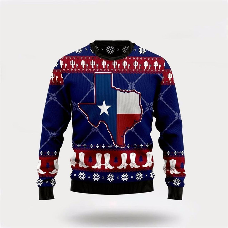 Goofygearprints Farmers Sweater, Texas Map And Cowboy Boots Pattern Ugly Christmas Sweater, Christmas Crewneck Sweater, Winter Farm Fashion