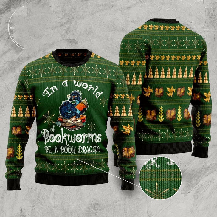 Goofygearprints In A World Of Bookworms Be A Book Dragon Ugly Christmas Sweater, Funny Xmas Sweater, Sweater Xmas