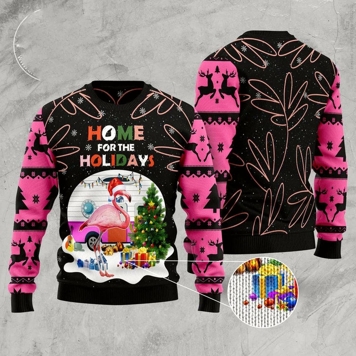 Goofygearprints Home For The Holidays Flamingo Ugly Christmas Sweater, Funny Xmas Sweater, Sweater Xmas