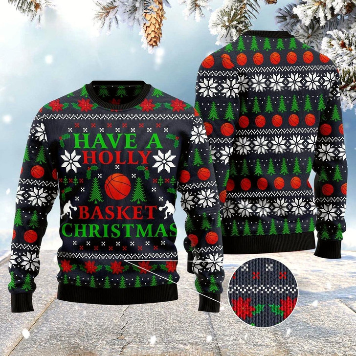 Goofygearprints Holly Basket Basketball Christmas Ugly Christmas Sweater, Funny Xmas Sweater, Sweater Xmas