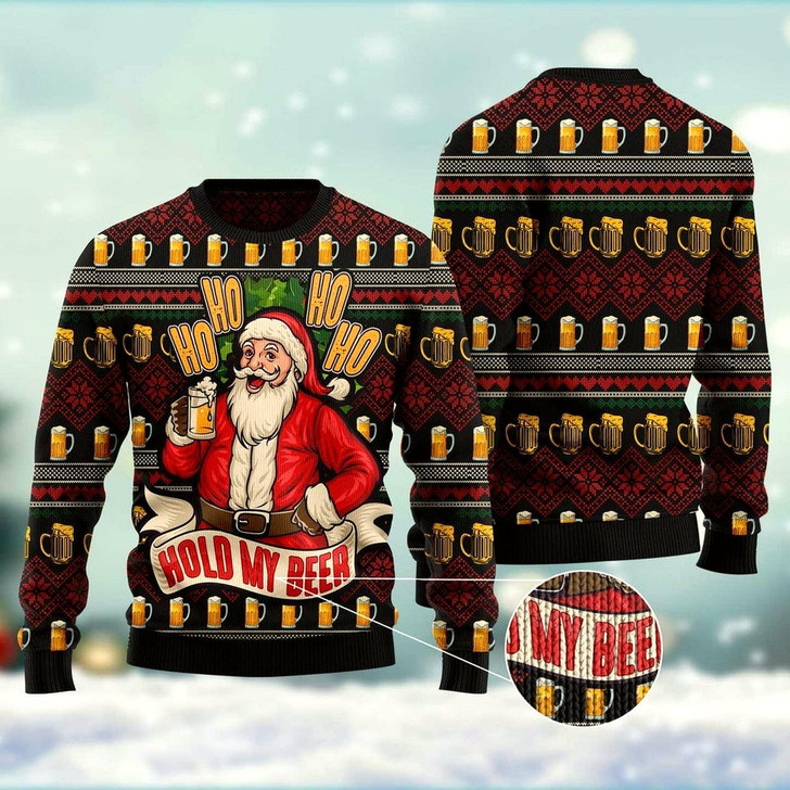 Goofygearprints Ho Ho Hold My Beer Ugly Christmas Sweater, Funny Xmas Sweater, Sweater Xmas