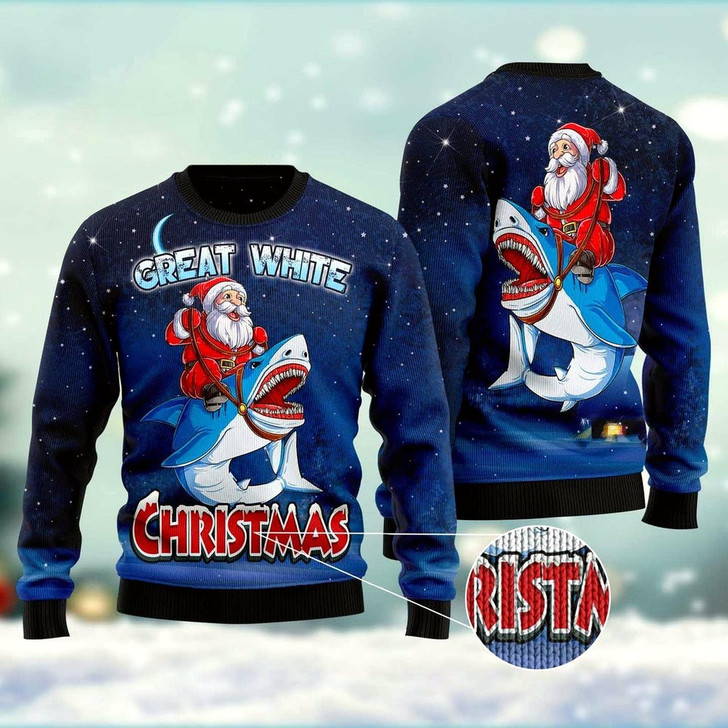 Goofygearprints Great White Christmas Shark Ugly Christmas Sweater, Funny Xmas Sweater, Sweater Xmas