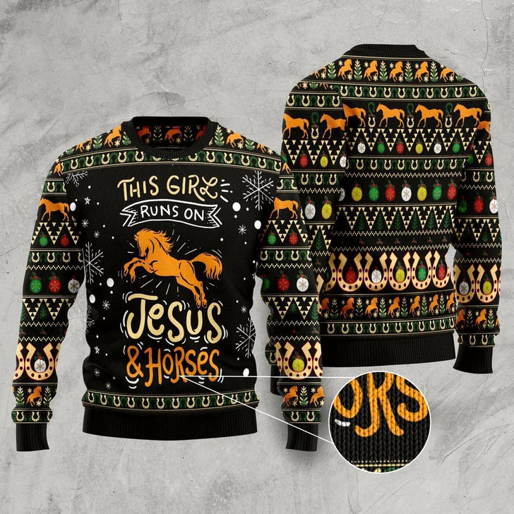 Goofygearprints Girls Run On Jesus And Horses Ugly Christmas Sweater, Funny Xmas Sweater, Sweater Xmas