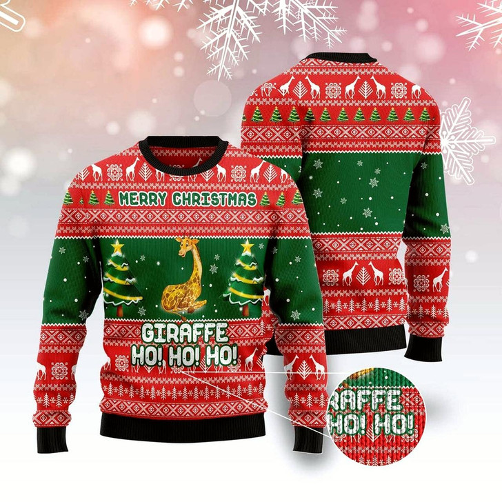 Goofygearprints Giraffe Ho Ho Ho Ugly Christmas Sweater, Funny Xmas Sweater, Sweater Xmas