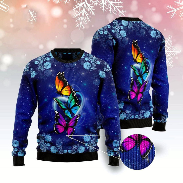Goofygearprints Butterfly Galaxy Ugly Christmas Sweater, Funny Xmas Sweater, Sweater Xmas