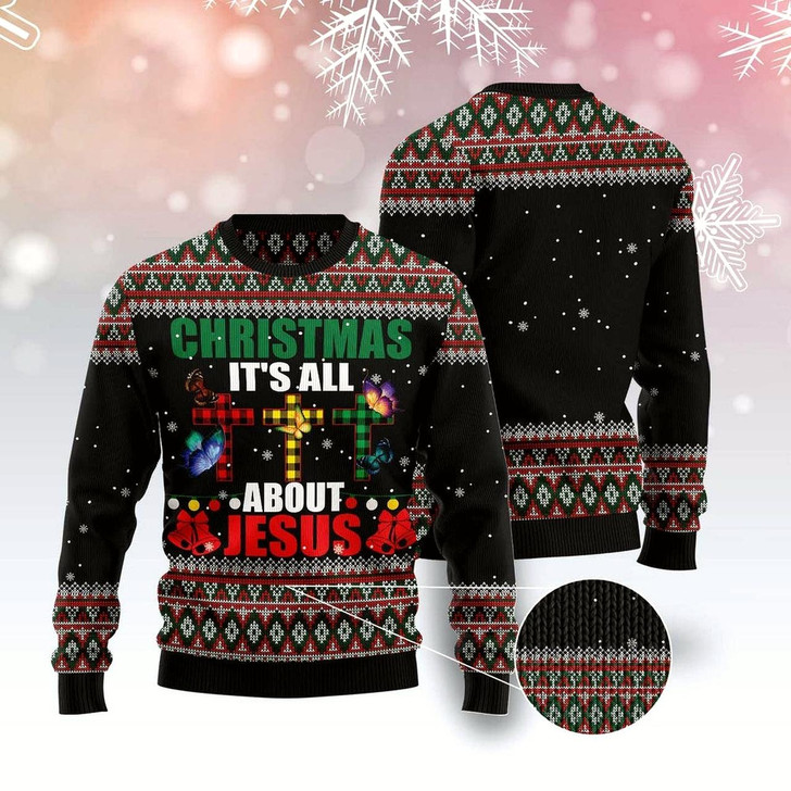 Goofygearprints Butterfly All About Jesus Ugly Christmas Sweater, Funny Xmas Sweater, Sweater Xmas