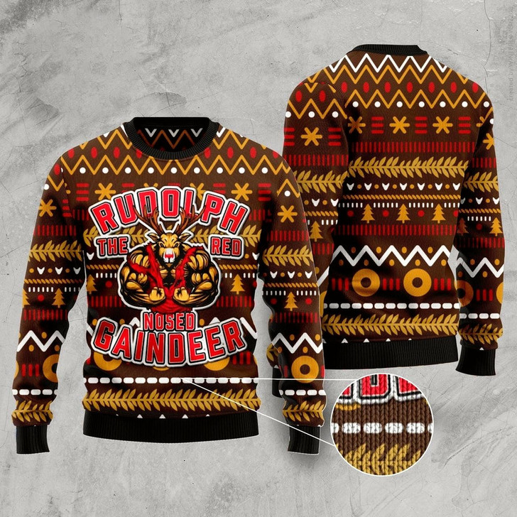 Goofygearprints Buffed Rudolph The Red-Nosed Reindeer Ugly Christmas Sweater, Funny Xmas Sweater, Sweater Xmas