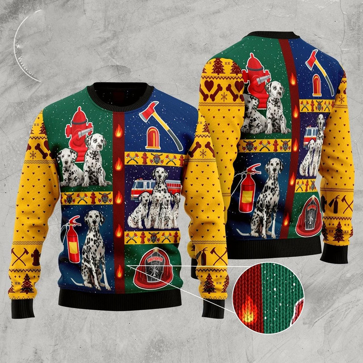 Goofygearprints Brave Dalmatian Firefighter Ugly Christmas Sweater, Funny Xmas Sweater, Sweater Xmas