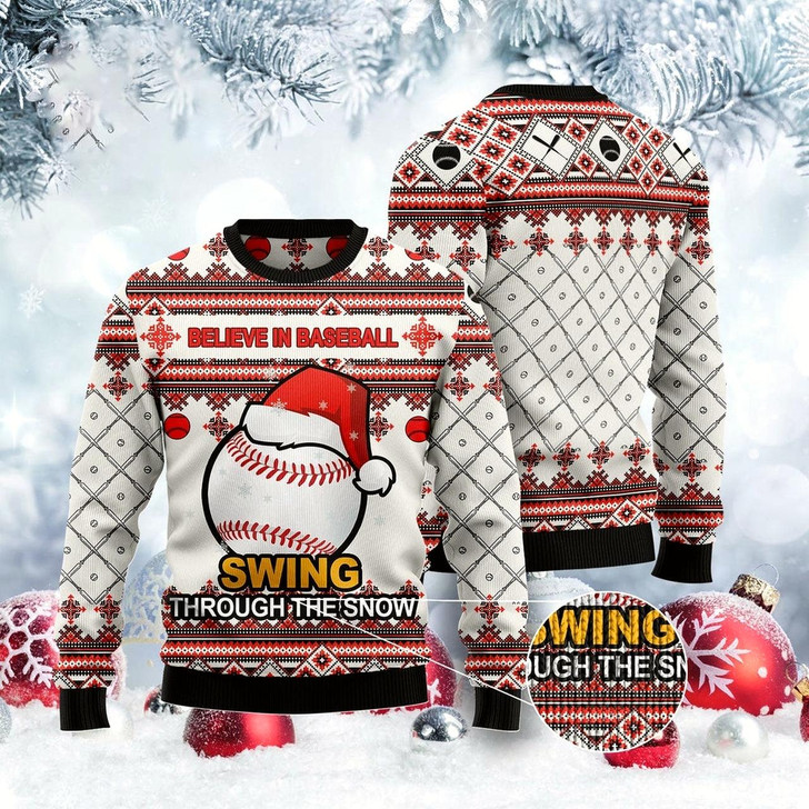 Goofygearprints Baseball Swing Through Snow Ugly Christmas Sweater, Funny Xmas Sweater, Sweater Xmas