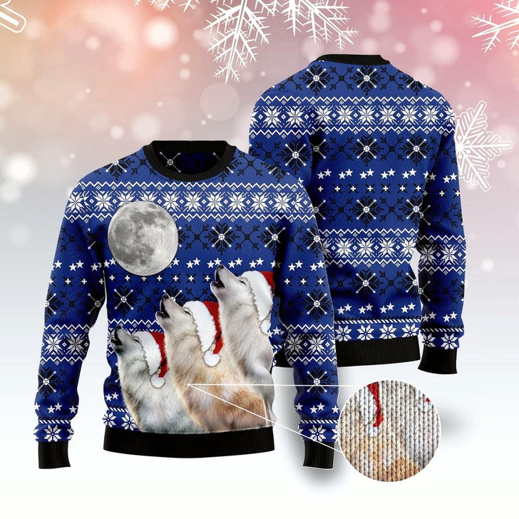 Goofygearprints Wolf Howling Moon Ugly Christmas Sweater, Funny Xmas Sweater, Sweater Xmas