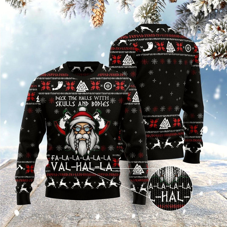 Goofygearprints Viking Deck The Halls With Skulls Ugly Christmas Sweater, Funny Xmas Sweater, Sweater Xmas