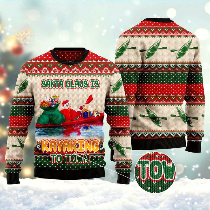 Goofygearprints Santa Claus Is Kayaking To Town Ugly Christmas Sweater, Funny Xmas Sweater, Sweater Xmas
