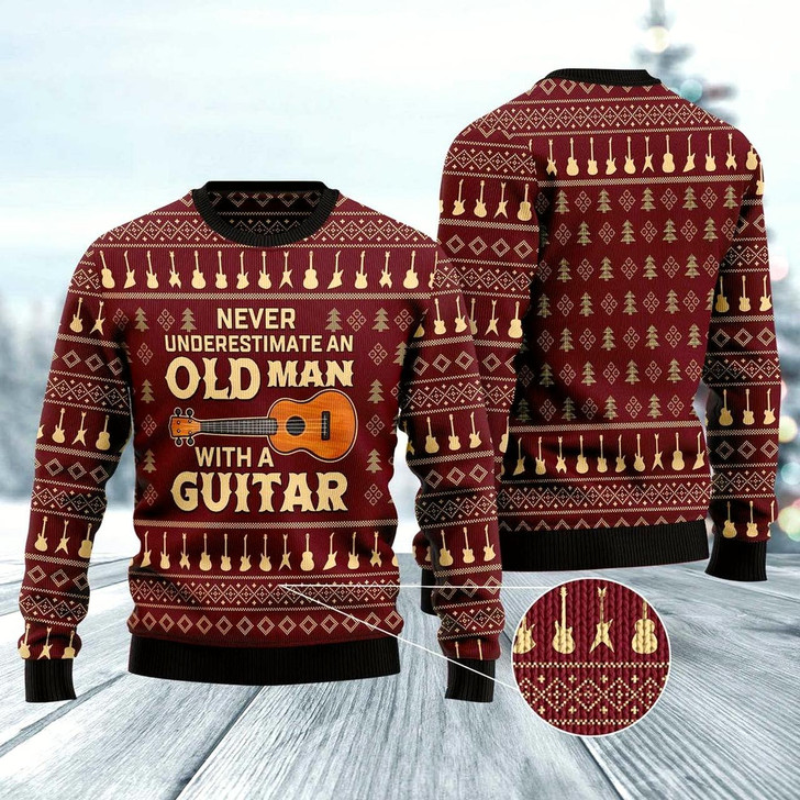 Goofygearprints Never Underestimate An Old Man With A Guitar Ugly Christmas Sweater, Funny Xmas Sweater, Sweater Xmas