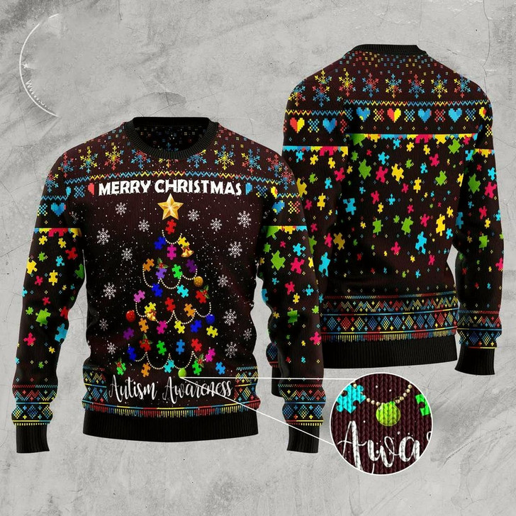 Goofygearprints Xmas Tree Sweater, Christmas Tree Autism Awareness Ugly Christmas Sweater, Funny Xmas Sweater