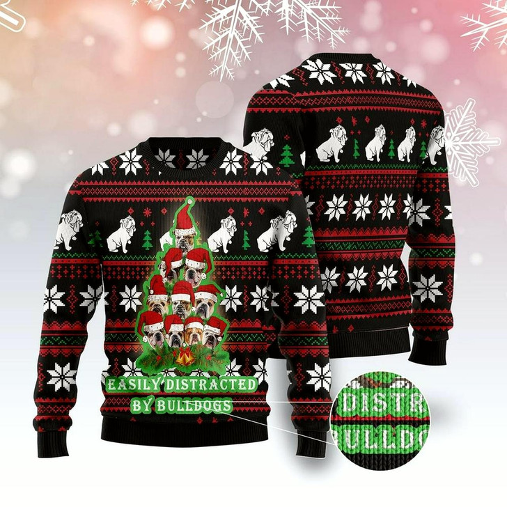 Goofygearprints Xmas Tree Sweater, Bulldog Pine Tree Christmas Ugly Christmas Sweater, Funny Xmas Sweater